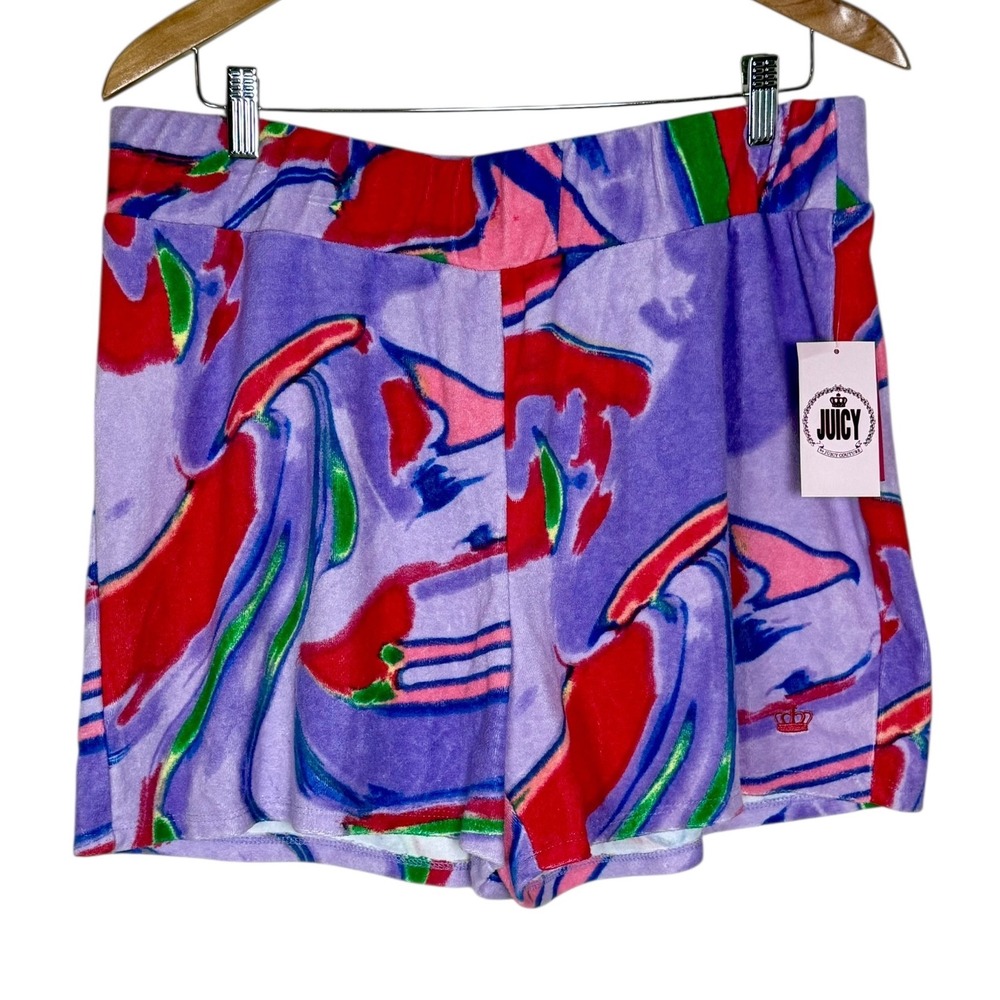 Juicy by Juicy Couture Women XL Velour Shorts Abstract Swirl Purple Red Y2K NWT